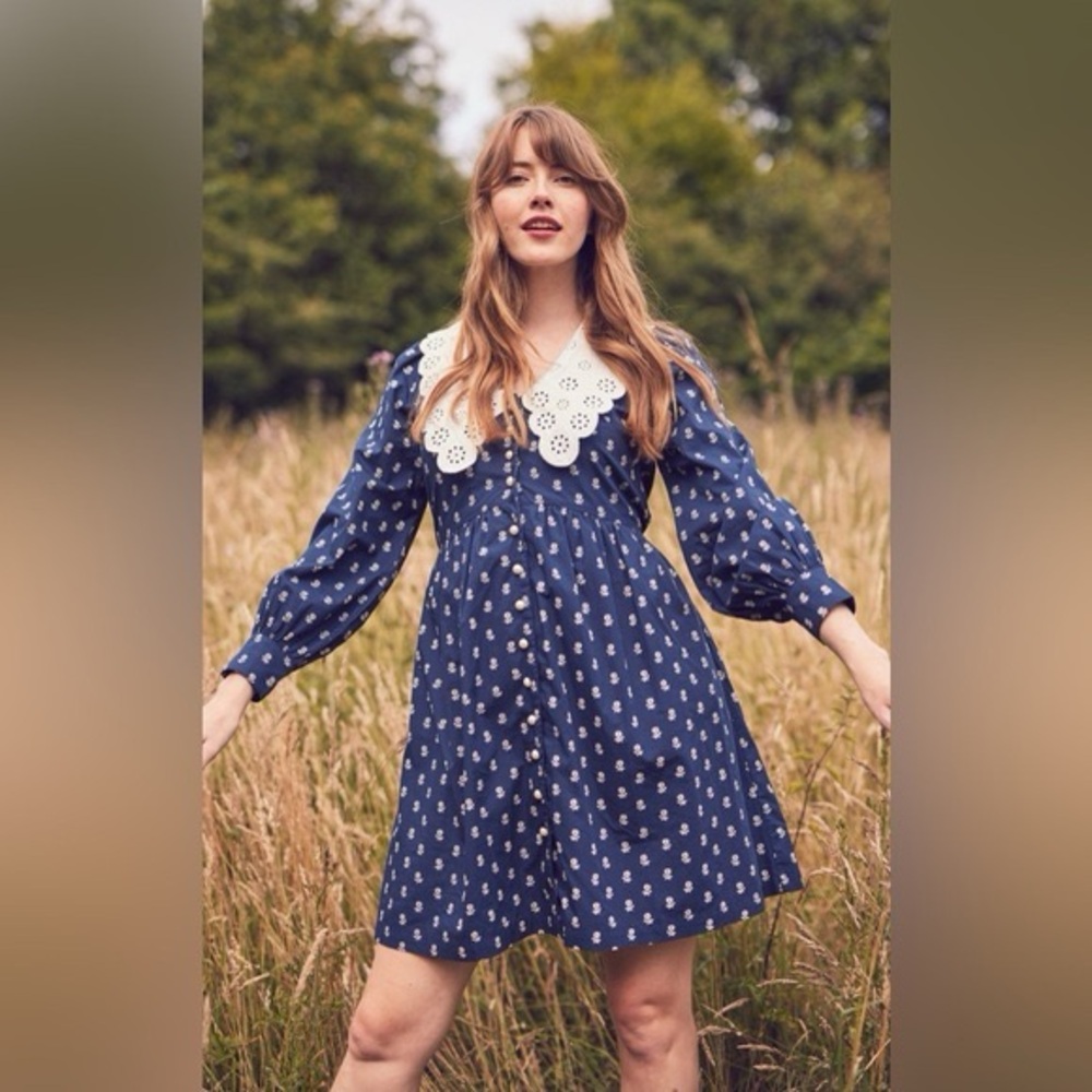 Laura Ashley X Joanie Ffion Daisy Print Contrast Collar Button-Down Mini Dress